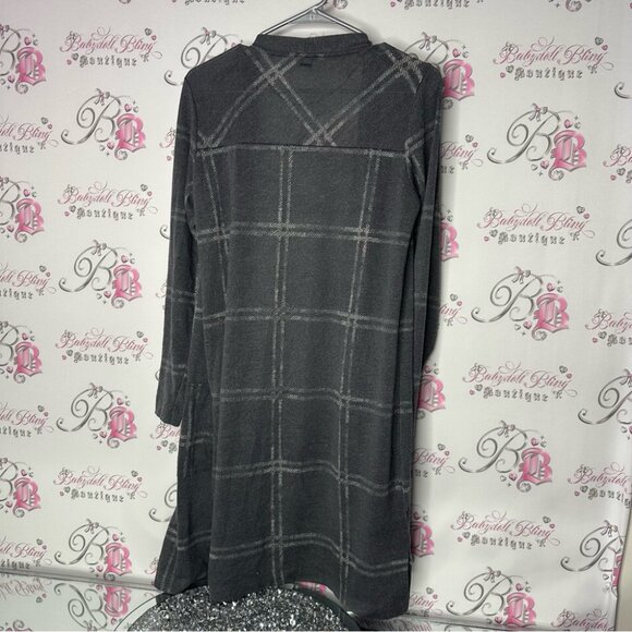 Sandwich_ cardigan grey open pockets long waterfall comfy Plaid Open Cardigan - Picture 2 of 8